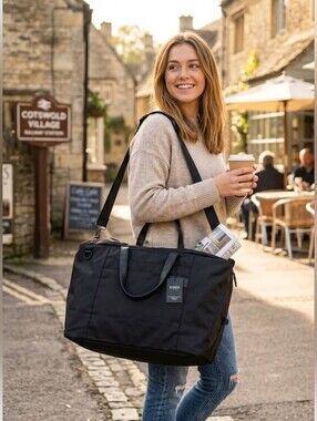 BENÓSS Milan Black Nylon Weekender Duffel Bag with Handles and Long Strap